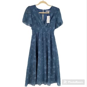 Baltic Born June Blue Floral Smocked Midi Ruffle Sleeve Dress Size Small